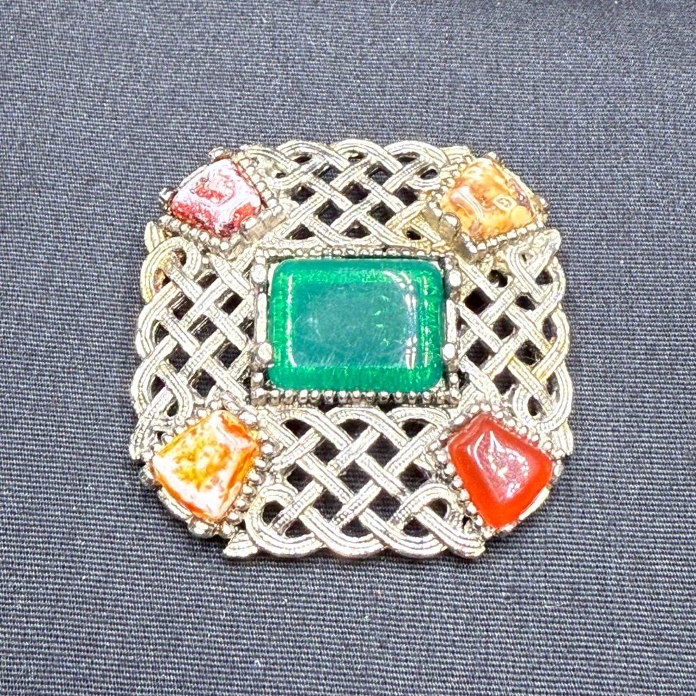 Vintage Celtic Scottish Square Brooch Lattice Openwork‎ Glass Agate Green Stone